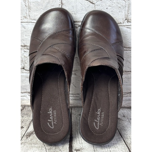 Clarks Artisan Good Year Womens Size 8 Brown Wedge Mules Shoes Slip On Excellent - Picture 4 of 7
